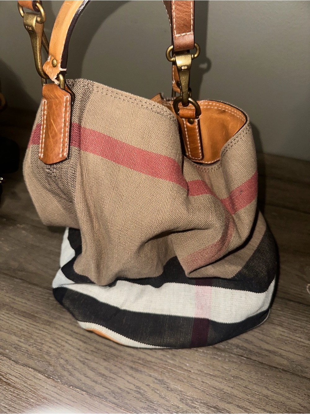 Authentic Burberry Canvas Check Bucket Hobo Beige and Red Check Shoulder Bag